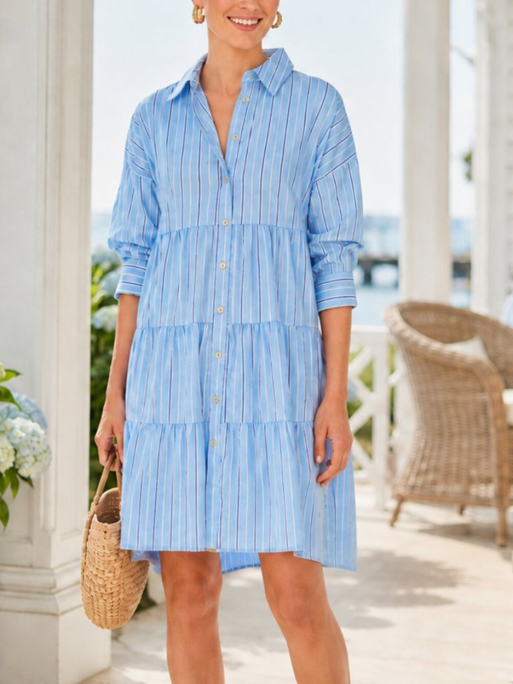 Tuckernuck Pomander Place Shades of Blue Stiped Tiered Cara Mini Shirt Dress S